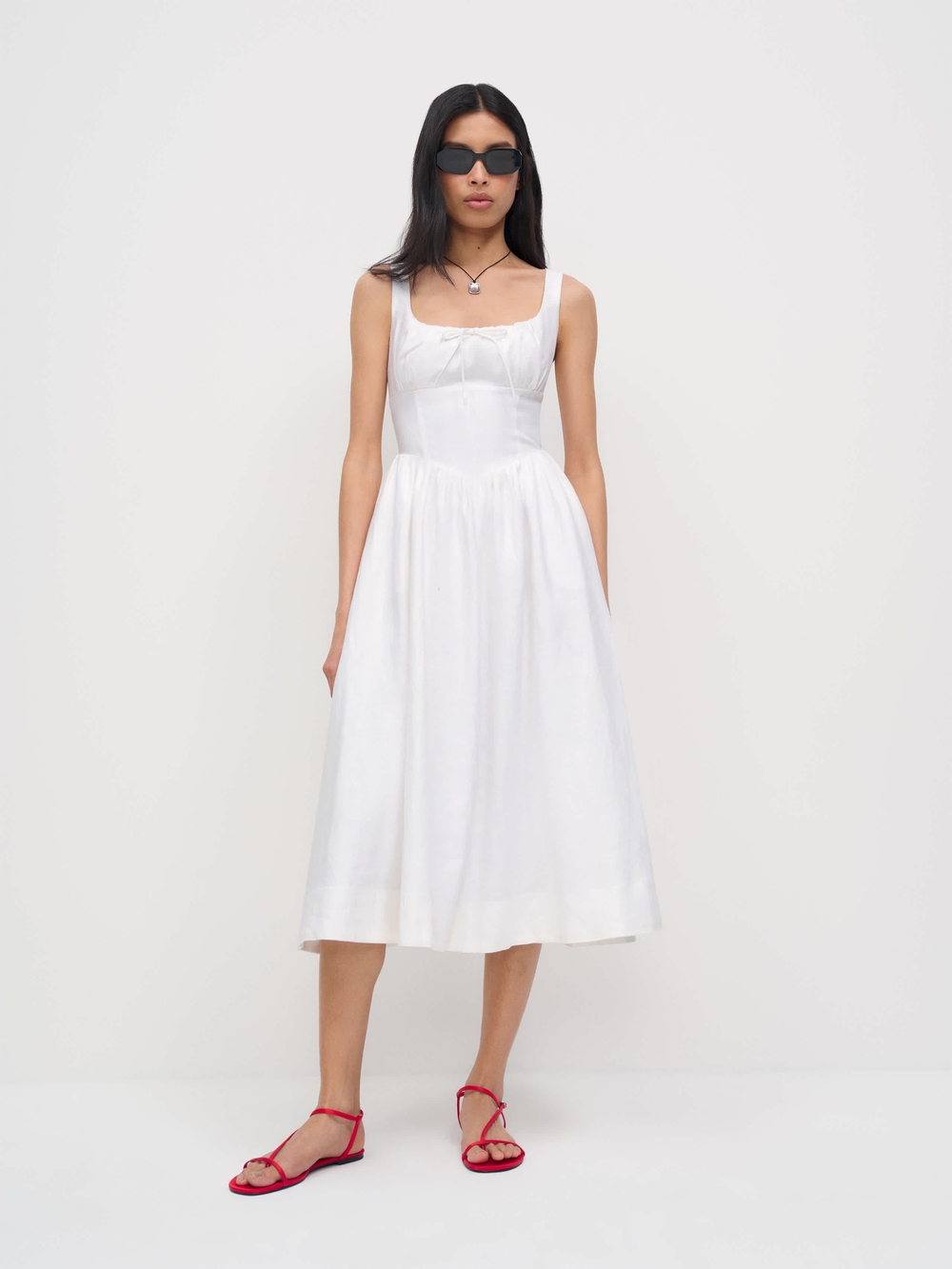 Reformation White Square-Neck Midi Dress with Fitted Bodice